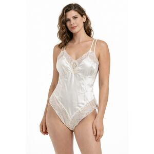 NWT Vintage 1990s Delicates Ivory Satin Lace Teddy Bodysuit small